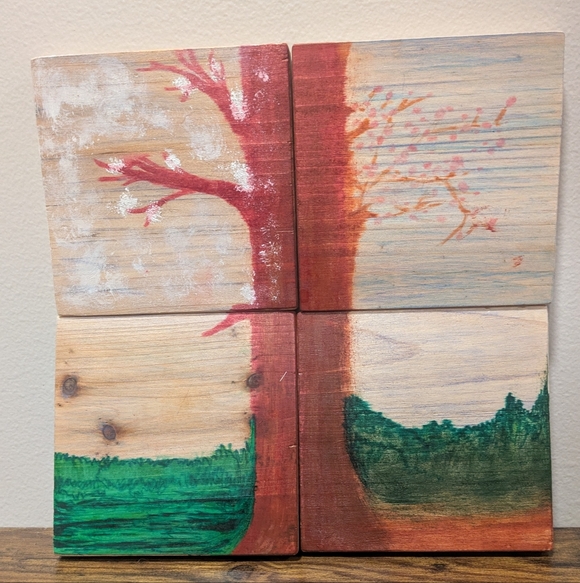 Handmade Other - "Four Seasons Tree" Rustic Tree Art on 4.5" Square Wooden Coasters